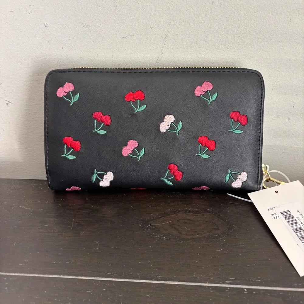 Betsey Johnson Cherry Embroidered Wallet, Black Faux Leather, NEW WITH TAGS